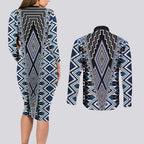Blue Aotearoa Tukutuku and Poutama Motif Couples Matching Long Sleeve Bodycon Dress and Long Sleeve Button Shirt