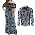 Blue Aotearoa Tukutuku and Poutama Motif Couples Matching Off Shoulder Maxi Dress and Long Sleeve Button Shirt