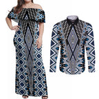Blue Aotearoa Tukutuku and Poutama Motif Couples Matching Off Shoulder Maxi Dress and Long Sleeve Button Shirt