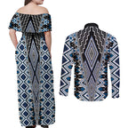 Blue Aotearoa Tukutuku and Poutama Motif Couples Matching Off Shoulder Maxi Dress and Long Sleeve Button Shirt