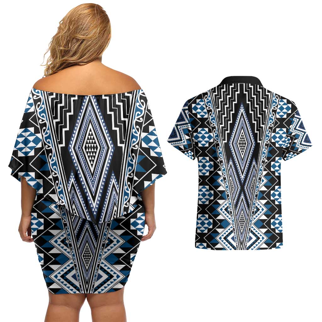 Blue Aotearoa Tukutuku and Poutama Motif Couples Matching Off Shoulder Short Dress and Hawaiian Shirt