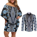 Blue Aotearoa Tukutuku and Poutama Motif Couples Matching Off Shoulder Short Dress and Long Sleeve Button Shirt