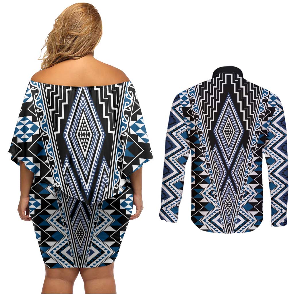 Blue Aotearoa Tukutuku and Poutama Motif Couples Matching Off Shoulder Short Dress and Long Sleeve Button Shirt