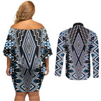 Blue Aotearoa Tukutuku and Poutama Motif Couples Matching Off Shoulder Short Dress and Long Sleeve Button Shirt