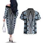 Blue Aotearoa Tukutuku and Poutama Motif Couples Matching Off The Shoulder Long Sleeve Dress and Hawaiian Shirt
