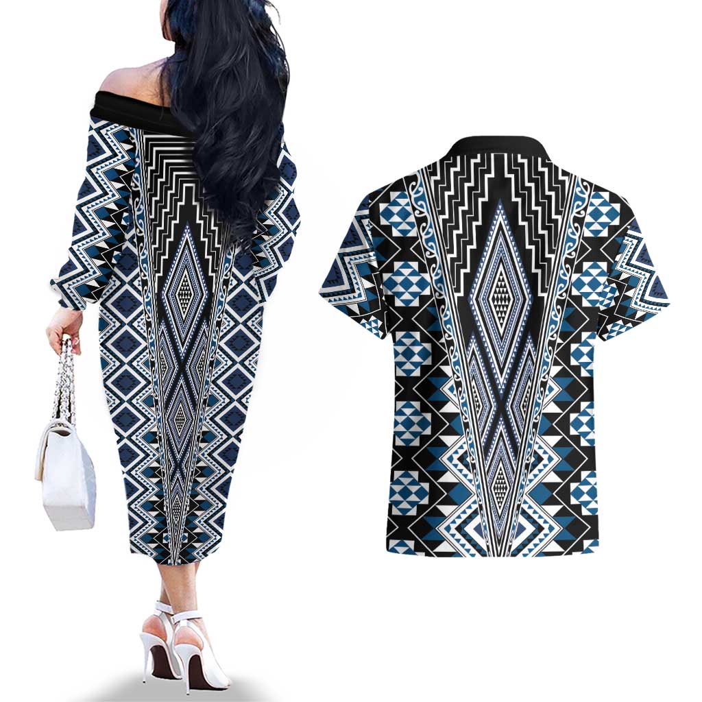 Blue Aotearoa Tukutuku and Poutama Motif Couples Matching Off The Shoulder Long Sleeve Dress and Hawaiian Shirt