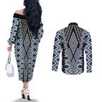 Blue Aotearoa Tukutuku and Poutama Motif Couples Matching Off The Shoulder Long Sleeve Dress and Long Sleeve Button Shirt