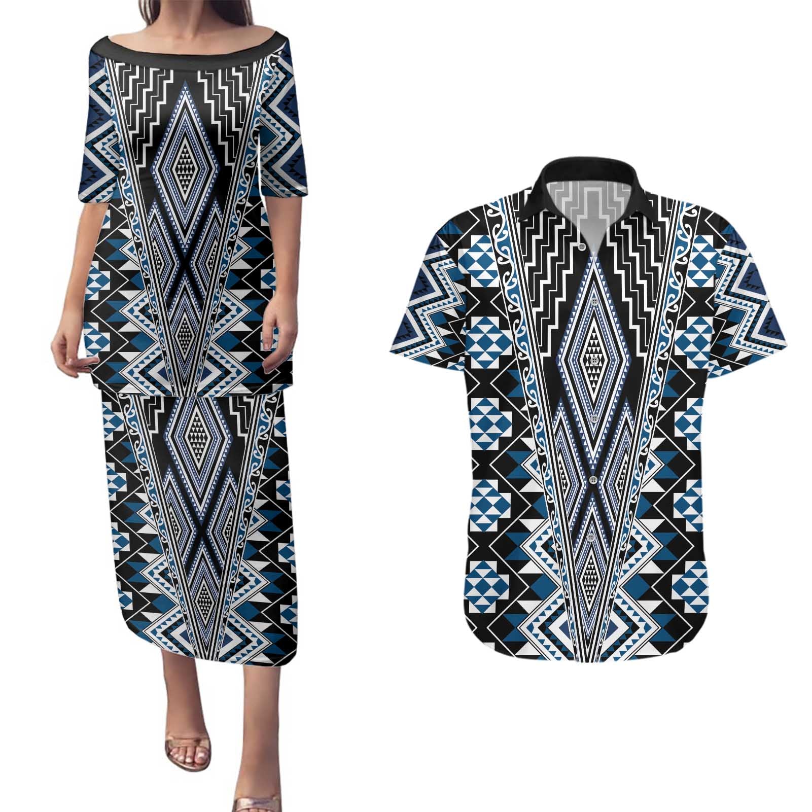 Blue Aotearoa Tukutuku and Poutama Motif Couples Matching Puletasi and Hawaiian Shirt