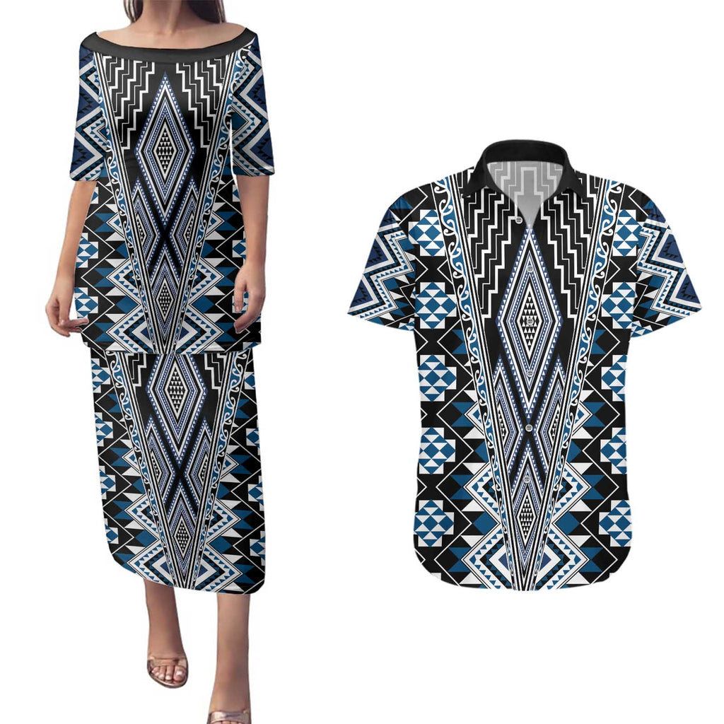 Blue Aotearoa Tukutuku and Poutama Motif Couples Matching Puletasi and Hawaiian Shirt
