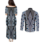 Blue Aotearoa Tukutuku and Poutama Motif Couples Matching Puletasi and Long Sleeve Button Shirt