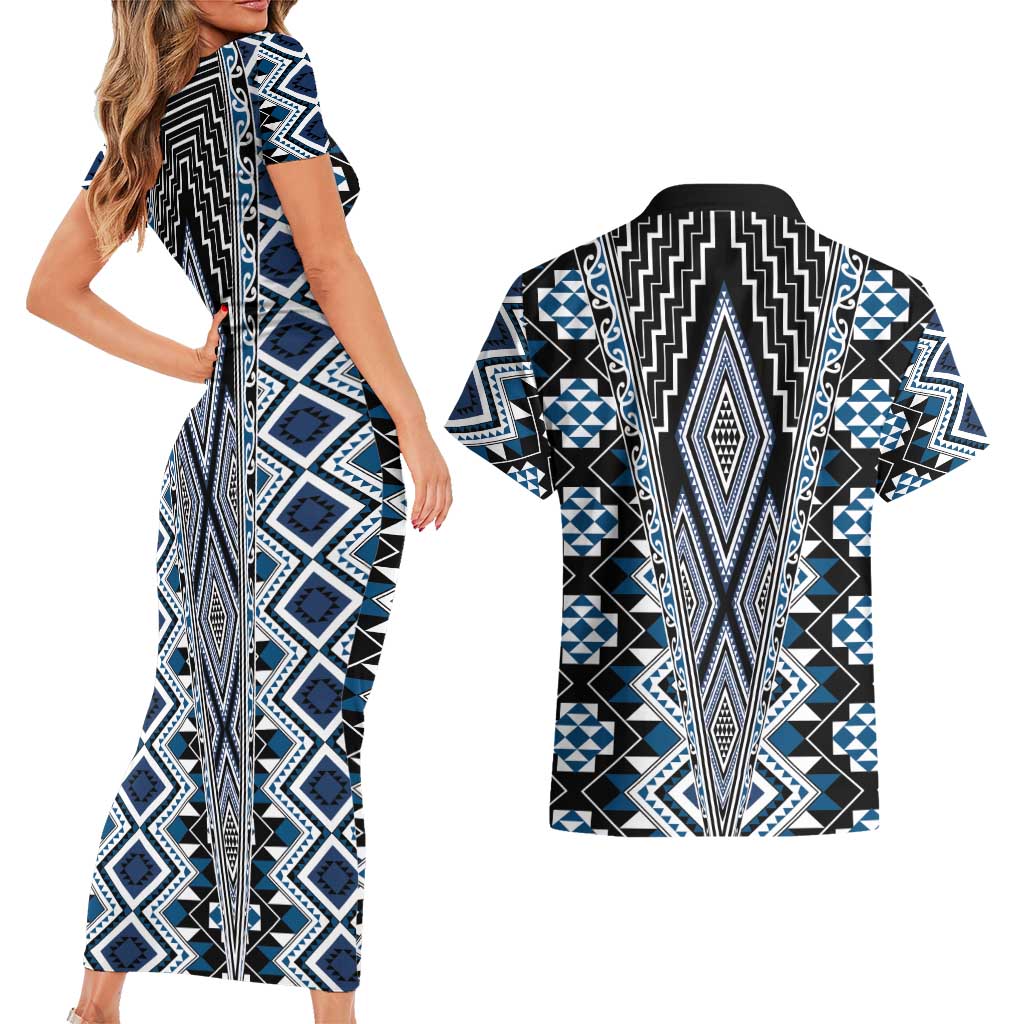 Blue Aotearoa Tukutuku and Poutama Motif Couples Matching Short Sleeve Bodycon Dress and Hawaiian Shirt