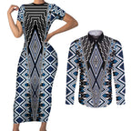 Blue Aotearoa Tukutuku and Poutama Motif Couples Matching Short Sleeve Bodycon Dress and Long Sleeve Button Shirt