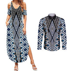 Blue Aotearoa Tukutuku and Poutama Motif Couples Matching Summer Maxi Dress and Long Sleeve Button Shirt