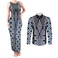 Blue Aotearoa Tukutuku and Poutama Motif Couples Matching Tank Maxi Dress and Long Sleeve Button Shirt
