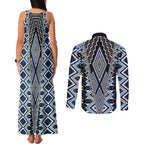 Blue Aotearoa Tukutuku and Poutama Motif Couples Matching Tank Maxi Dress and Long Sleeve Button Shirt