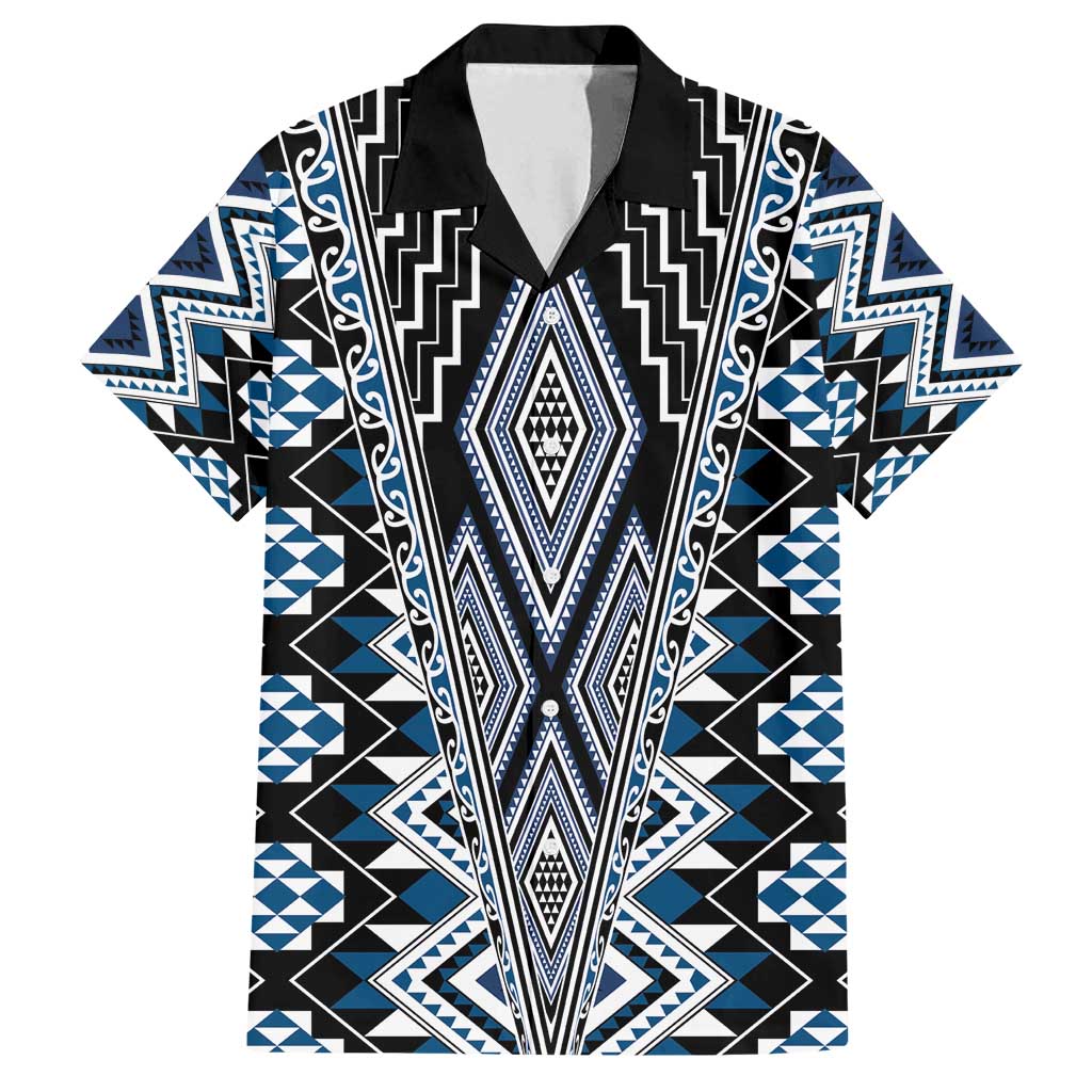 Blue Aotearoa Tukutuku and Poutama Motif Family Matching Long Sleeve Bodycon Dress and Hawaiian Shirt