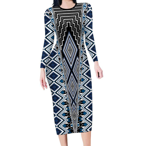 Blue Aotearoa Tukutuku and Poutama Motif Family Matching Long Sleeve Bodycon Dress and Hawaiian Shirt