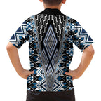 Blue Aotearoa Tukutuku and Poutama Motif Family Matching Off The Shoulder Long Sleeve Dress and Hawaiian Shirt