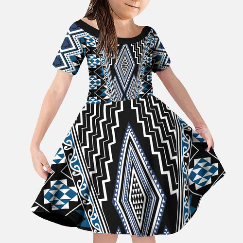Blue Aotearoa Tukutuku and Poutama Motif Family Matching Off The Shoulder Long Sleeve Dress and Hawaiian Shirt