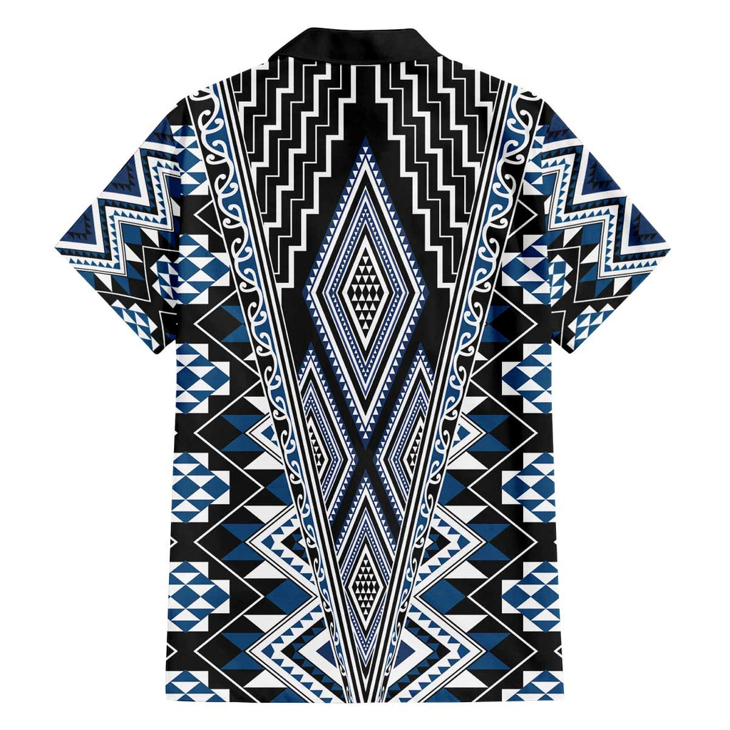 Blue Aotearoa Tukutuku and Poutama Motif Family Matching Off The Shoulder Long Sleeve Dress and Hawaiian Shirt