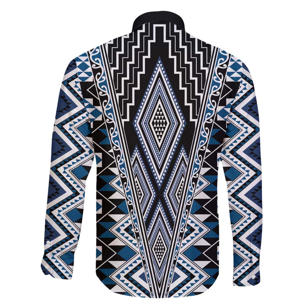 Blue Aotearoa Tukutuku and Poutama Motif Family Matching Off The Shoulder Long Sleeve Dress and Hawaiian Shirt