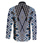Blue Aotearoa Tukutuku and Poutama Motif Family Matching Off The Shoulder Long Sleeve Dress and Hawaiian Shirt