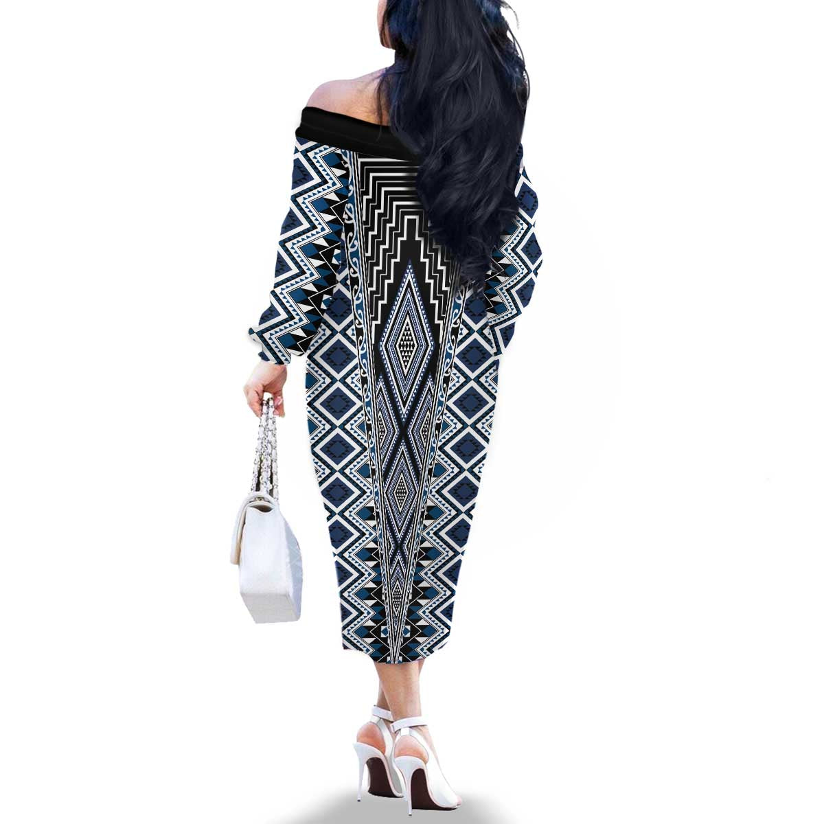 Blue Aotearoa Tukutuku and Poutama Motif Family Matching Off The Shoulder Long Sleeve Dress and Hawaiian Shirt