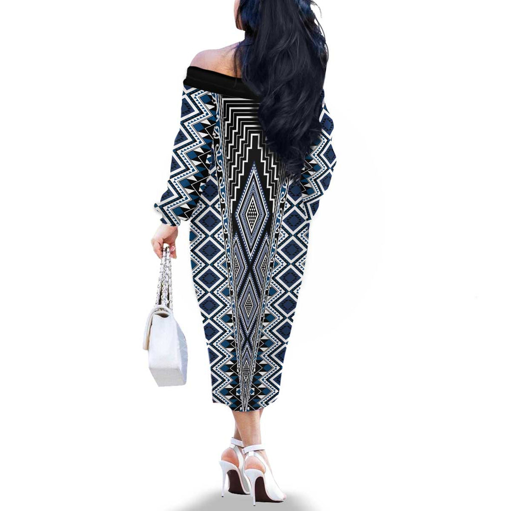 Blue Aotearoa Tukutuku and Poutama Motif Family Matching Off The Shoulder Long Sleeve Dress and Hawaiian Shirt