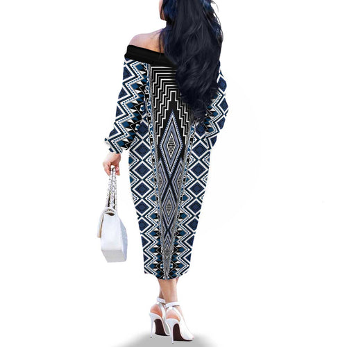 Blue Aotearoa Tukutuku and Poutama Motif Family Matching Off The Shoulder Long Sleeve Dress and Hawaiian Shirt