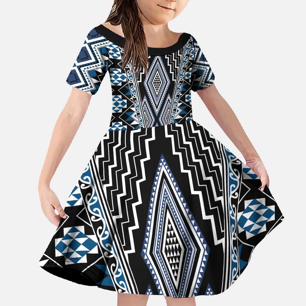 Blue Aotearoa Tukutuku and Poutama Motif Family Matching Off Shoulder Maxi Dress and Hawaiian Shirt