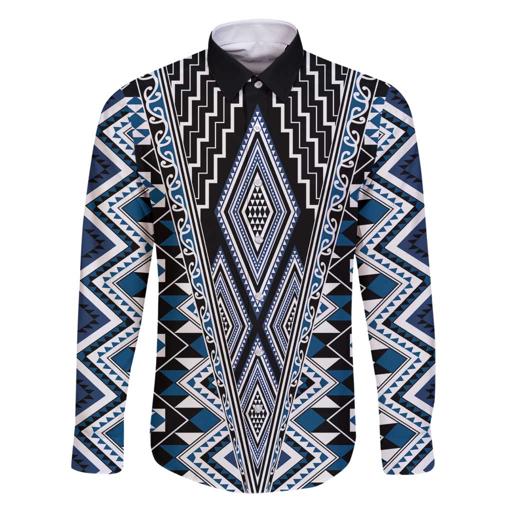 Blue Aotearoa Tukutuku and Poutama Motif Family Matching Off Shoulder Maxi Dress and Hawaiian Shirt