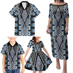 Blue Aotearoa Tukutuku and Poutama Motif Family Matching Puletasi and Hawaiian Shirt