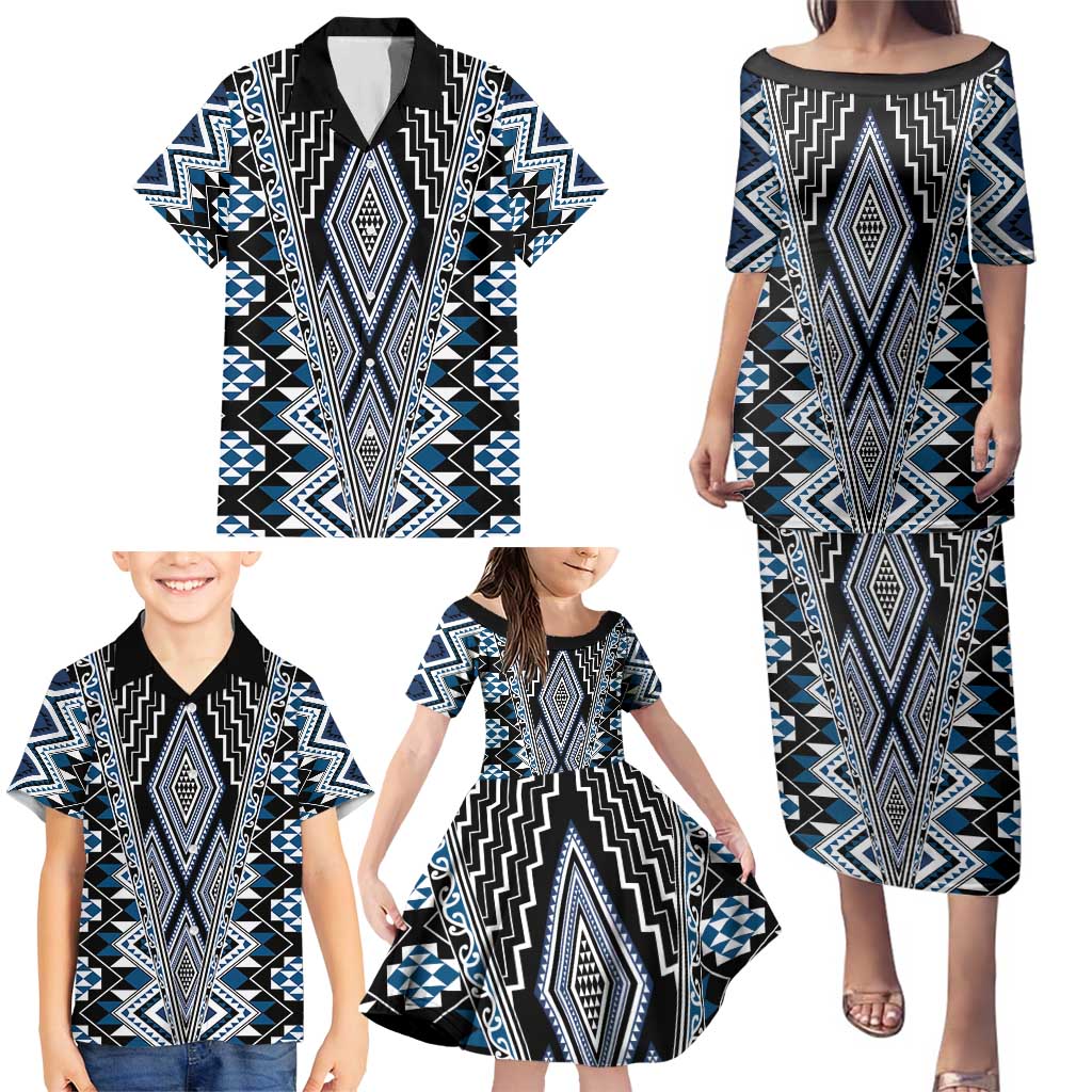 Blue Aotearoa Tukutuku and Poutama Motif Family Matching Puletasi and Hawaiian Shirt
