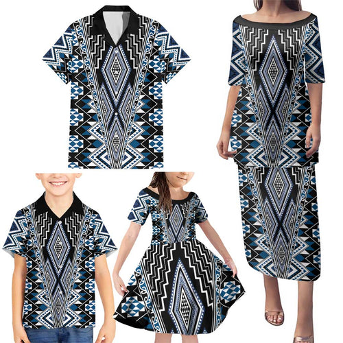 Blue Aotearoa Tukutuku and Poutama Motif Family Matching Puletasi and Hawaiian Shirt