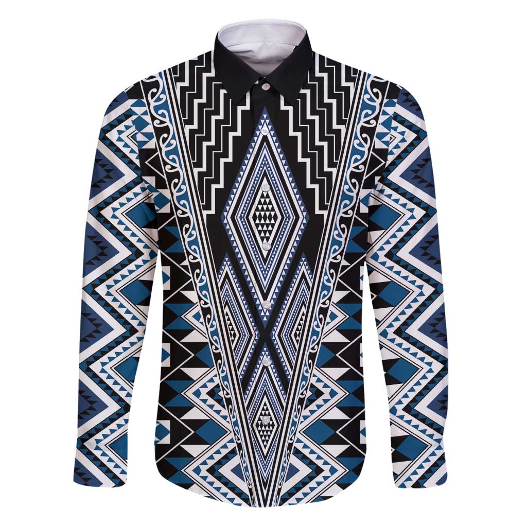 Blue Aotearoa Tukutuku and Poutama Motif Family Matching Puletasi and Hawaiian Shirt