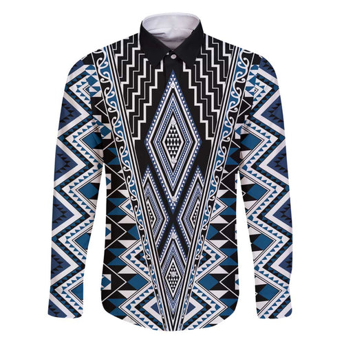 Blue Aotearoa Tukutuku and Poutama Motif Family Matching Puletasi and Hawaiian Shirt