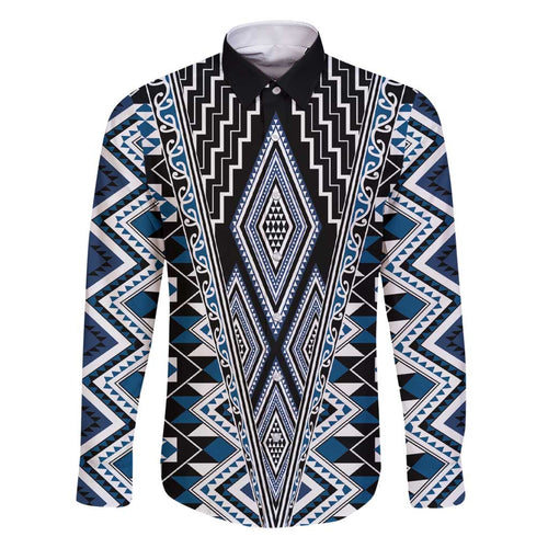 Blue Aotearoa Tukutuku and Poutama Motif Family Matching Short Sleeve Bodycon Dress and Hawaiian Shirt