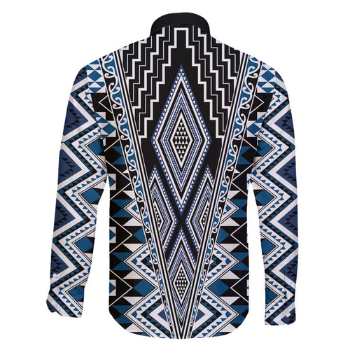Blue Aotearoa Tukutuku and Poutama Motif Family Matching Short Sleeve Bodycon Dress and Hawaiian Shirt