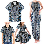 Blue Aotearoa Tukutuku and Poutama Motif Family Matching Tank Maxi Dress and Hawaiian Shirt