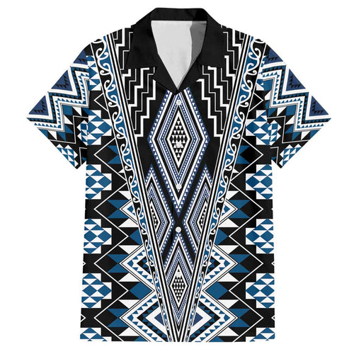 Blue Aotearoa Tukutuku and Poutama Motif Family Matching Tank Maxi Dress and Hawaiian Shirt