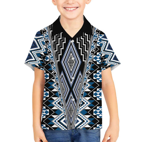 Blue Aotearoa Tukutuku and Poutama Motif Family Matching Tank Maxi Dress and Hawaiian Shirt