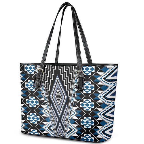 Blue Aotearoa Tukutuku and Poutama Motif Leather Tote Bag