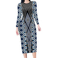 Blue Aotearoa Tukutuku and Poutama Motif Long Sleeve Bodycon Dress