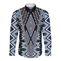Blue Aotearoa Tukutuku and Poutama Motif Long Sleeve Button Shirt
