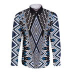 Blue Aotearoa Tukutuku and Poutama Motif Long Sleeve Button Shirt