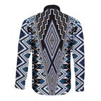 Blue Aotearoa Tukutuku and Poutama Motif Long Sleeve Button Shirt