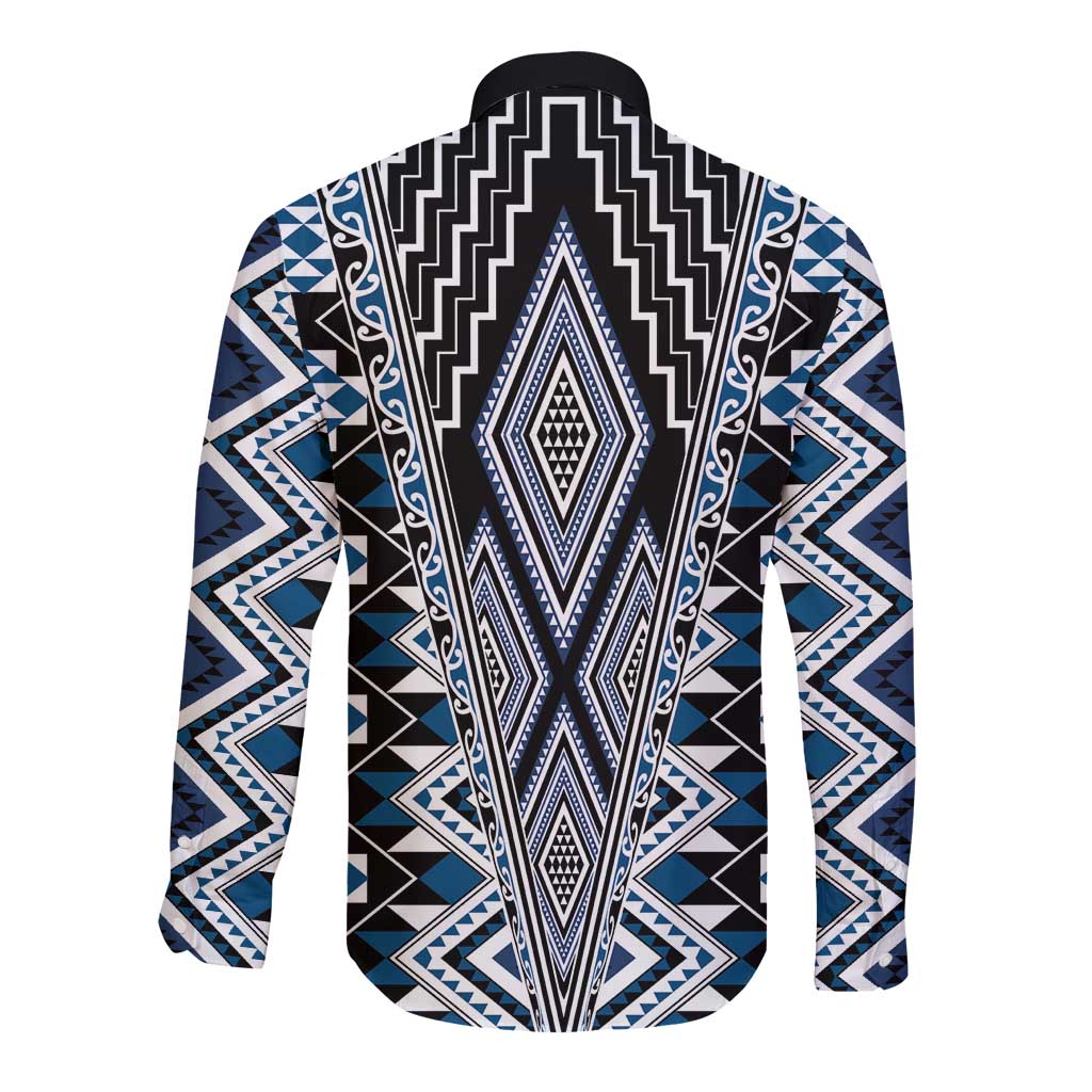 Blue Aotearoa Tukutuku and Poutama Motif Long Sleeve Button Shirt