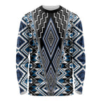 Blue Aotearoa Tukutuku and Poutama Motif Long Sleeve Shirt