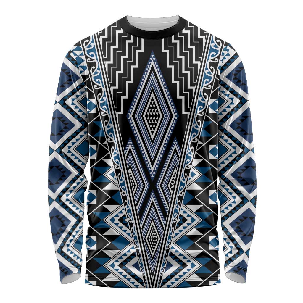 Blue Aotearoa Tukutuku and Poutama Motif Long Sleeve Shirt