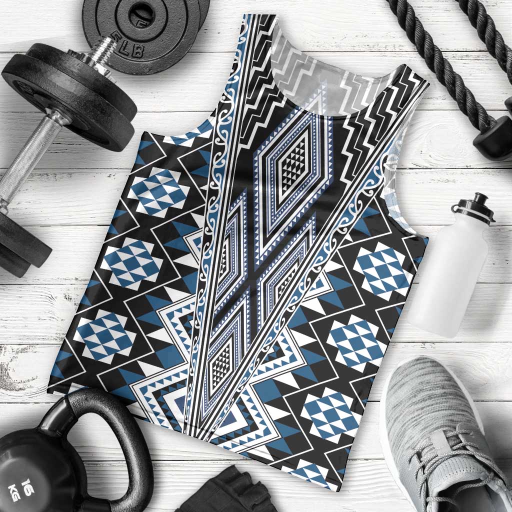 Blue Aotearoa Tukutuku and Poutama Motif Men Tank Top